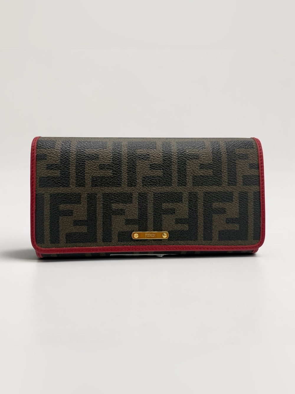Fendi Brown FF Canvas Continental Wallet with Red Trim